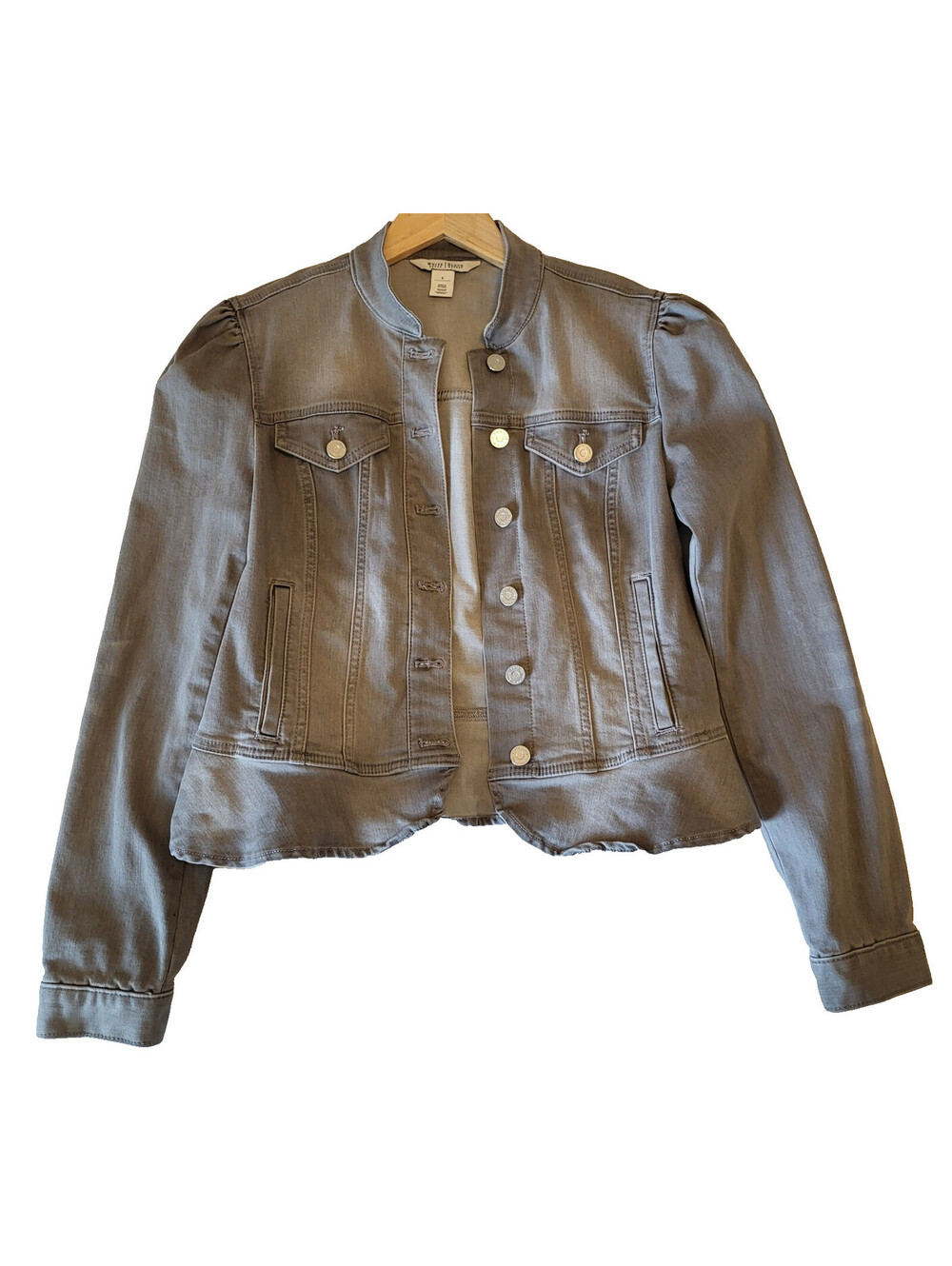White House Black Market Woman's Sz 6 Gray Denim Jacket Peplum Hemline